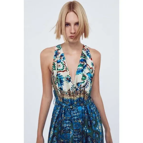 ZARA Combined Scarf Print Flowy Voluminous Wide Leg Jumpsuit